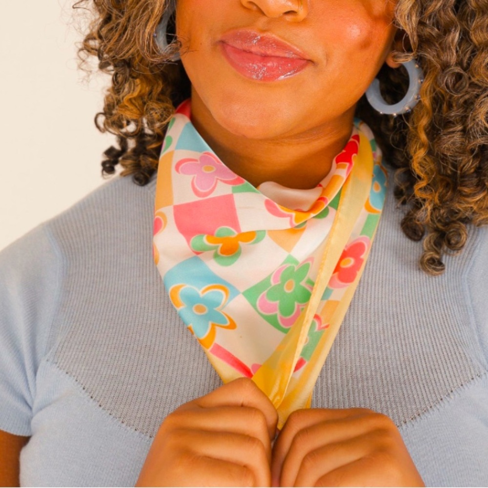 Pop Floral & Checker Satin Square Scarf